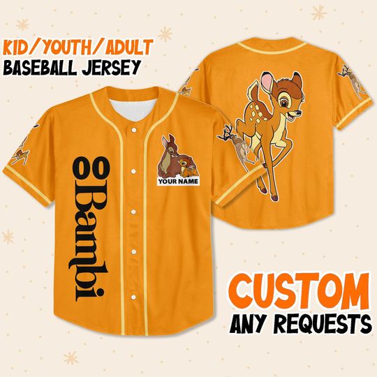 Custom Disney Bambi Orange, Custom Disney Game Day Kid Adult Baseball Jersey