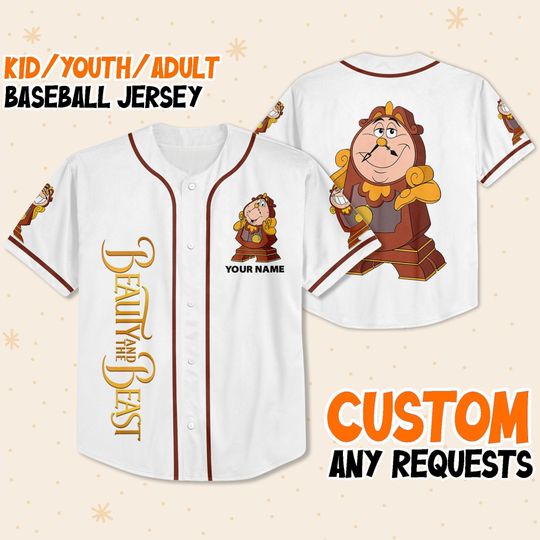 Custom Disney Beauty and the Beast Cogsworth Simple White, Custom Disney Baseball Jersey