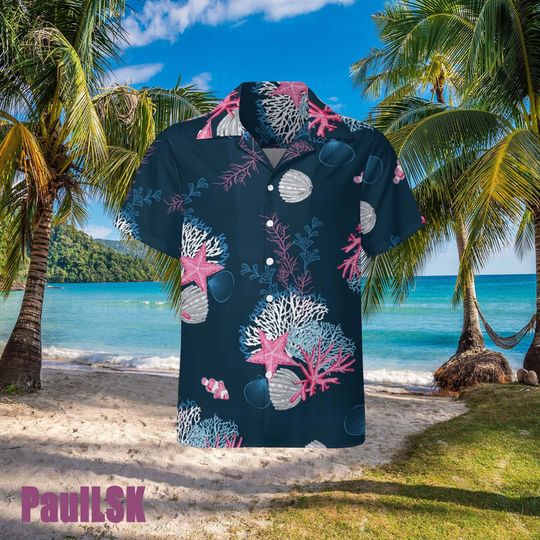 Starfish Aloha Shirt, Sea Shells Hawaii Shirt, Tropical Fish