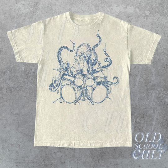 Discover Octopus Playing Drums Retro T-Shirt, Octopus Vintage Tattoo Style Shirt