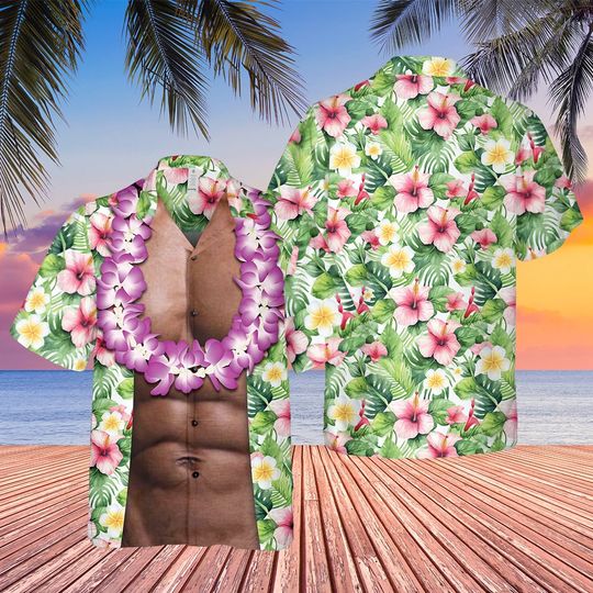 Funny Abs Black Men Aloha Tropical Flowers Hawaiian Shirt, Summer Men Hawaiian Shirt