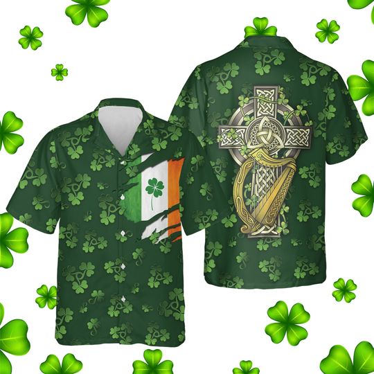 Saint Patrick's Day Hawaiian Shirt, Shamrock Celtic Cross Harp Irish Hawaiian Shirt