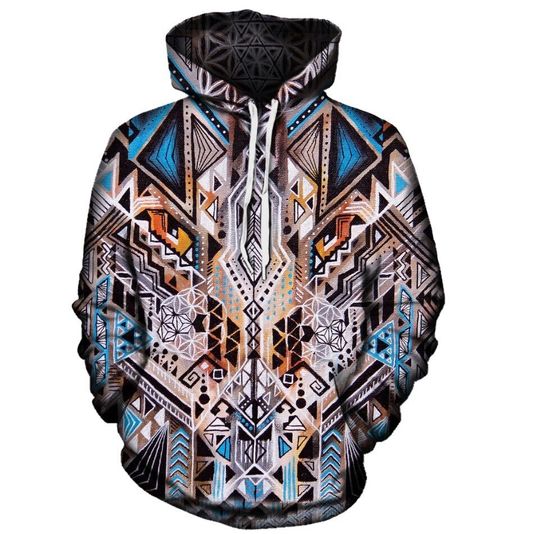 Discover Tribal Sacred Geometry Hoodie, Trippy Geometric All Over Print Hippie 3D Hoodie