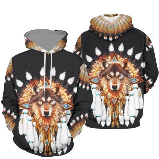 Native American Wolf 3D Pullover For Men Women Pullover Hoodie