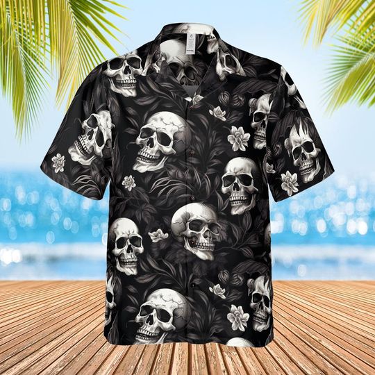 Black & White Skull Hawaiian Shirt