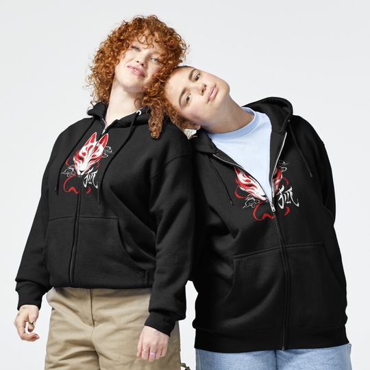 Discover Kitsune Mask - Japanese Traditional Fox - Kanji Ink Zipped Hoodie