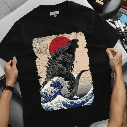 Vintage Japanese god zilla Great Wave T-Shirt, god zilla and the Wave Youth Shirt