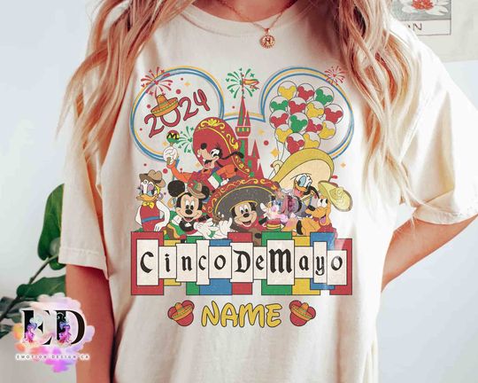 Personalized Mickey & Friends Cinco de Mayo Retro T-shirt, Custom Disney Mexican Fiesta Party Tee, Disneyland Family Vacation 2024 Trip