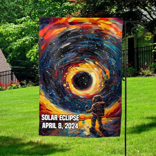 Total Solar Eclipse Garden Flag, April 8 2024 America Totality, Astronomy Gift, Astronaut Moon Painting Flag