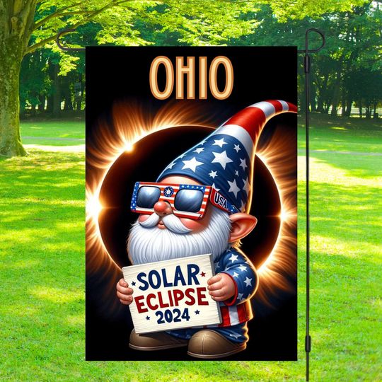 Ohio Total Solar Eclipse 2024 Gnome Garden Flag, 2024 solar eclipse, Garden Flag Sublimation Design