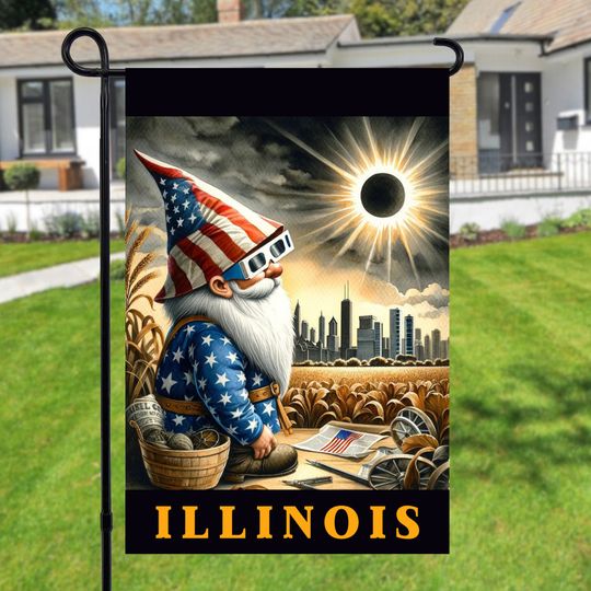Illinois Total Solar Eclipse 2024 Gnome Garden Flag, 2024 solar eclipse, Outdoor Spring Garden Flag