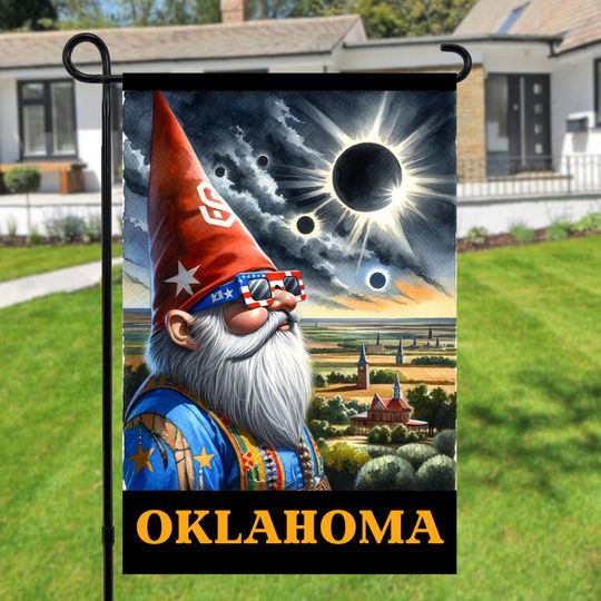 Oklahoma Total Solar Eclipse 2024 Gnome Garden Flag, 2024 solar eclipse, Outdoor Spring Garden Flag