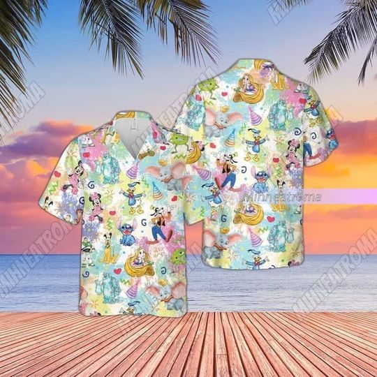 Disney Character Hawaiian Shirt, Disney Button Shirt, Lilo Stitch Mickey And Friend Shirt