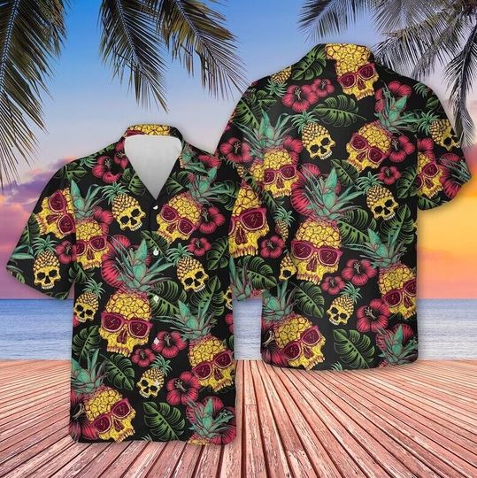 Pineapple Skull Black Hawaiian Shirt, Summer Skull Hawaiian Shirt