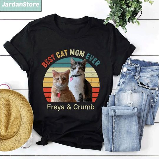 Best Cat Mom Ever Custom Photo Upload Retro Vintage T-Shirt