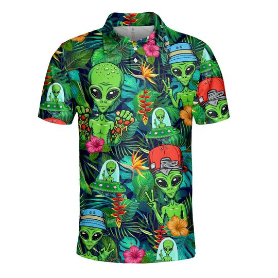 Alien Polo Shirts for Men Women, Alien Golf Player Tropical