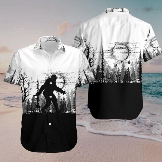 Bigfoot Black And White Hawaiian Shirt, Beach Shirt, Vacation Gift