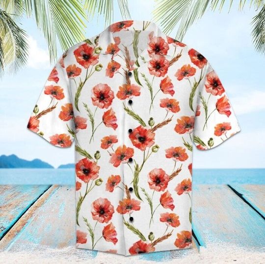 Red Poppy Hawaii Shirt, Button Down Shirt,Hawaiian Shirt Short Sleeve