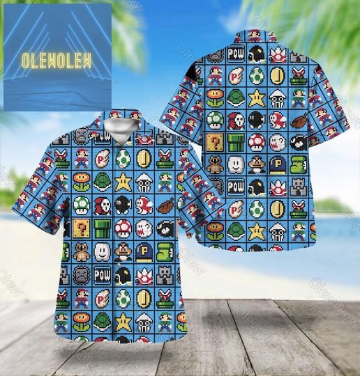 Super Mario Hawaiian Shirt, Super Mario Button Shirt, Super Mario Summer Shirt