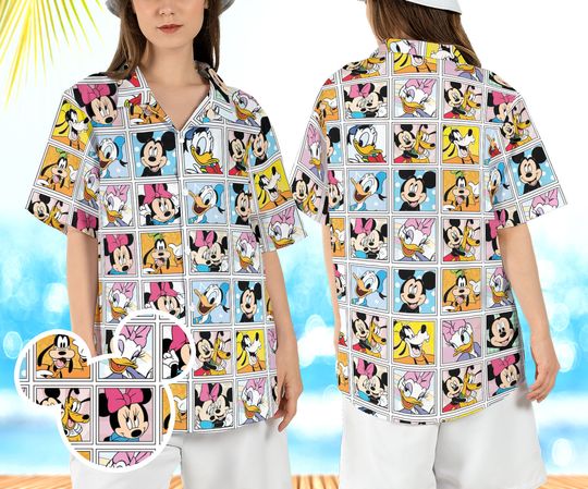 Discover Mickey and Friends Photo Collage Hawaiian Shirt, Mouse Cartoon Hawaii Shirt, Disneyland Beach Aloha Shirt, Summer Vacation Button Shirt