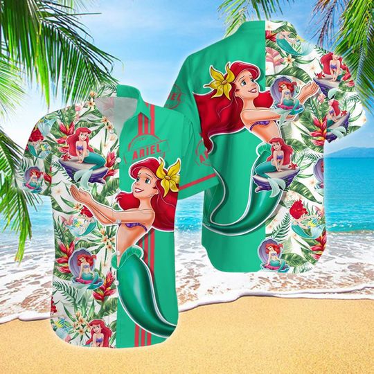 Discover Mermaid Floral Hawaii Shirt, Mermaid Movie Button Up Shirt, Cartoon Hawaiian Shirt, Funny Shirt Gift, Princess Movie 3D All Over Print Shirt
