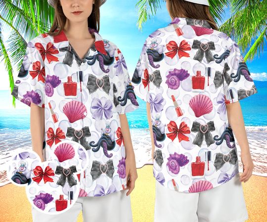 Ursula Coquette Bows Hawaiian Shirt, Little Mermaid Hawaii Shirt, Ursula Beach Aloha Shirt, Villain Conquette Cartoon Button Shirt