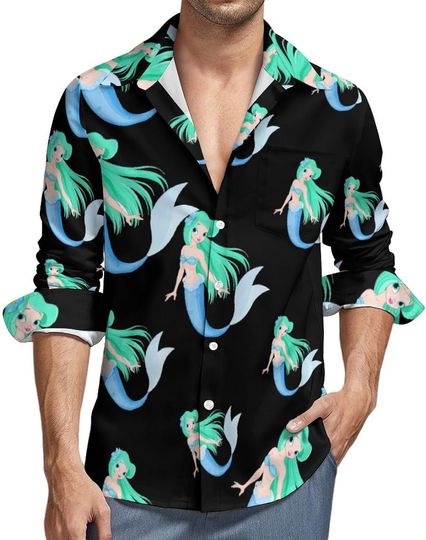 Discover Beautiful Mermaid Hawaiian Shirt for Men Long Sleeve Button Down Beach Tops Dress Shirt