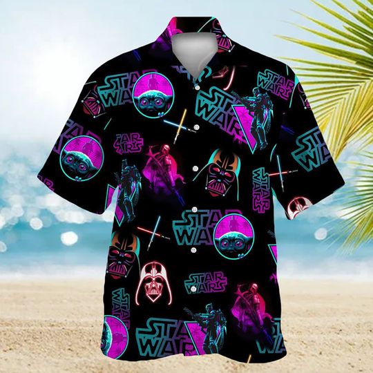 Neon Star Wars Hawaiian Shirt, Mandalorian Baby Yoda Hawaiian Shirt, Darth Vader Synthwave Button Shirt, Star Wars Beach Aloha Shirt