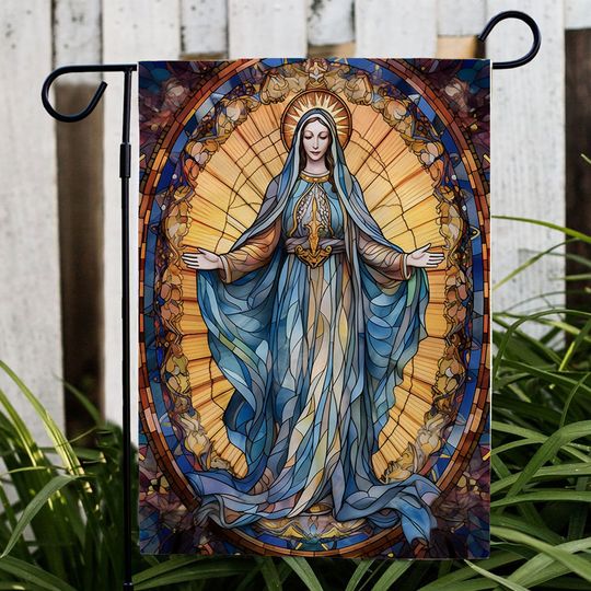 Virgin Mary Stained Glass Garden Flag, Mother Mary Garden Flag, Catholic Garden Flag, Our Lady of Lourdes Garden Flag, Religious Gift Ideas