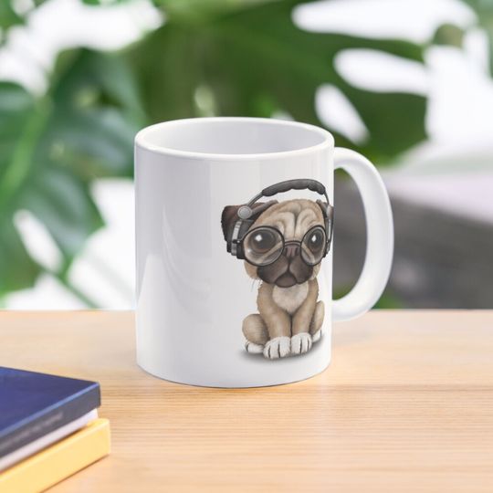 Discover Cute Pug Puppy Dj Wearing Headphones and Glasses Coffee Mug