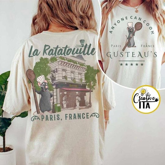 Two-sided Anyone Can Cook Disney Pixar Ratatouille Remy Chef Shirt, Disneyland Ratatouille Gusteau's Little Chef Rat, Disney Paris Chef