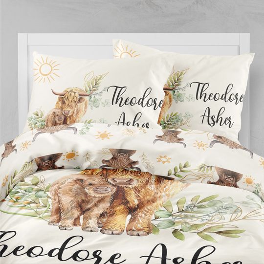Personalized  Highland Cow Boy Bedding Set