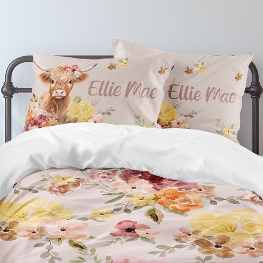 Fall Floral Girls Room, Highland Cow Girls Bedding Set