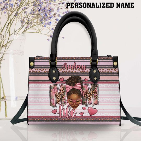 Custom Name Black Mom Leather Bag, Mother's Day Gift
