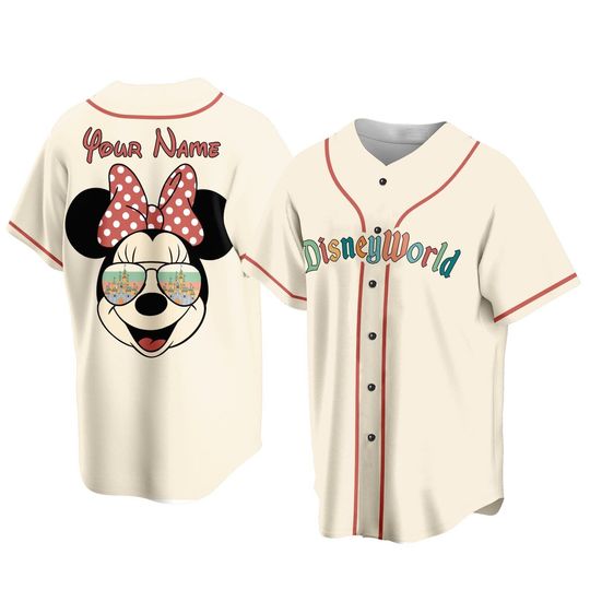 Discover Personalized Disney Minnie Mouse Face Sunglasses Magical World Baseball Jersey Shirt