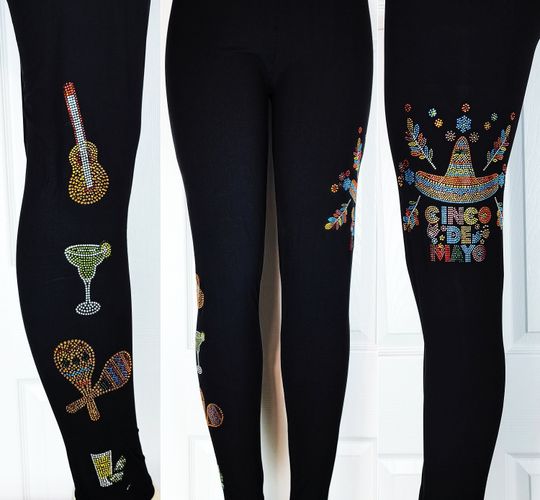 Leggings All Rhinestone Cinco De Mayo Sombrero Cocktails Musical Instruments Colorful Floral Design