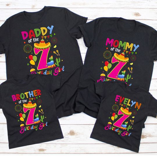 Personalized Cinco De Mayo Birthday Tee Shirt, Custom 7th Birthday Girl Tees, Fiesta Family Birthday, Mexican Fiesta Theme Matching T-shirts