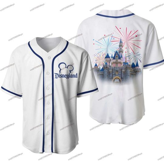 Disneyland Castle Fireworks Denim Blue White, Disney Baseball Jersey Disney Shirt