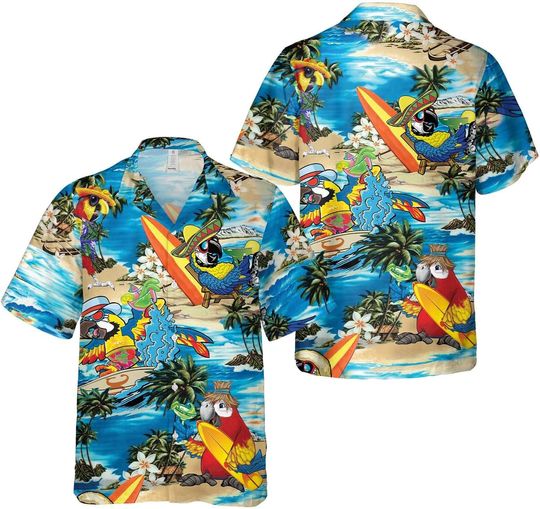 Parrot and Margarita Summer Tropical Flowers Short Sleeve Hawaiian Shirt