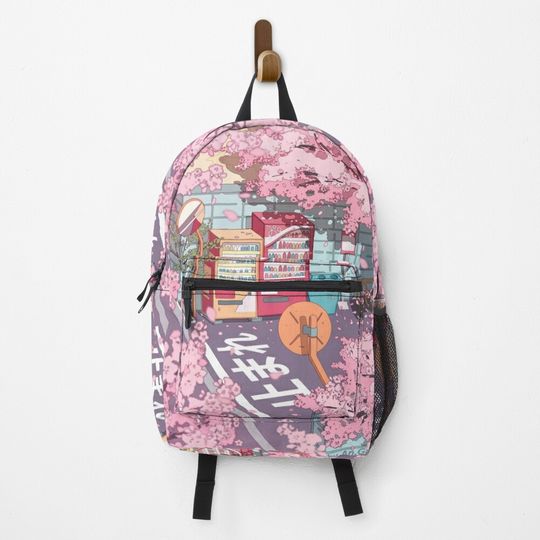 A beautiful aesthetic Tokyo street and  the pink sakura tree blossom Backpack
