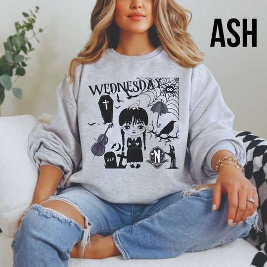 Gildan 18000 Wednesday Addams Women's Sweatshirt, Heavy Blend Crewneck Sweatshirt