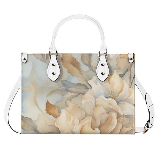 Elegant Tan Light Blue Floral Purse, Pastel Spring Flowers Vegan Leather Hand Bag