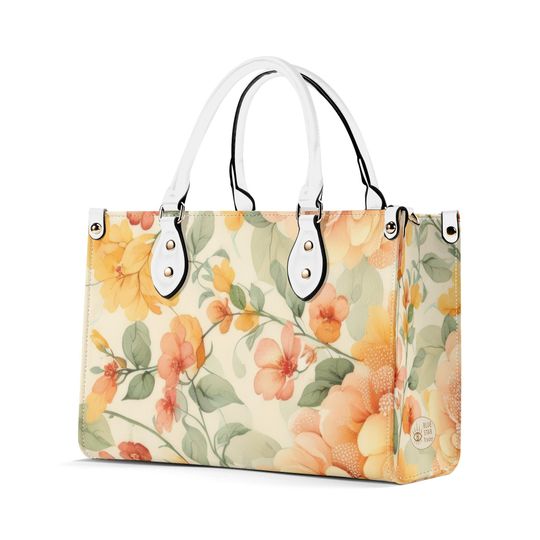 Romantic Orange Floral Purse, Pastel Spring Tan Flowers Vegan Leather Hand Bag
