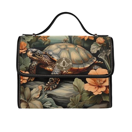 Turtle Canvas Satchel bag, Botanical forestcore crossbody purse handbag