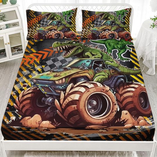 AILONEN 3D Trucks Fitted, Monster Truck Bedding Set for Kids Boys Teen,The Dragon Roars Bed ,Giant Pickup Truck