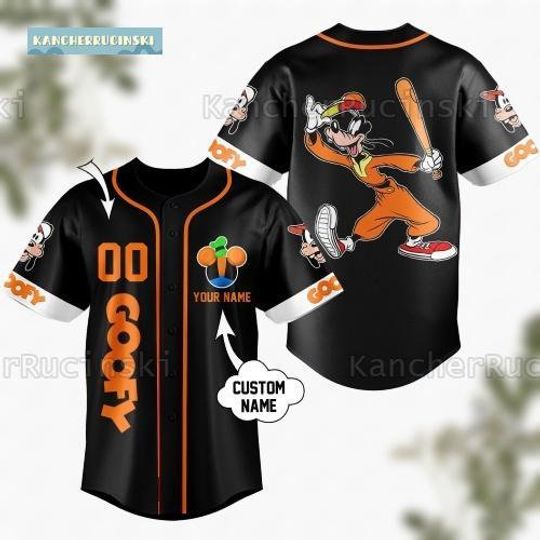Goofy Black Baseball Jersey, Disney Goofy Jersey, Goofy Dog Baseball Shirt