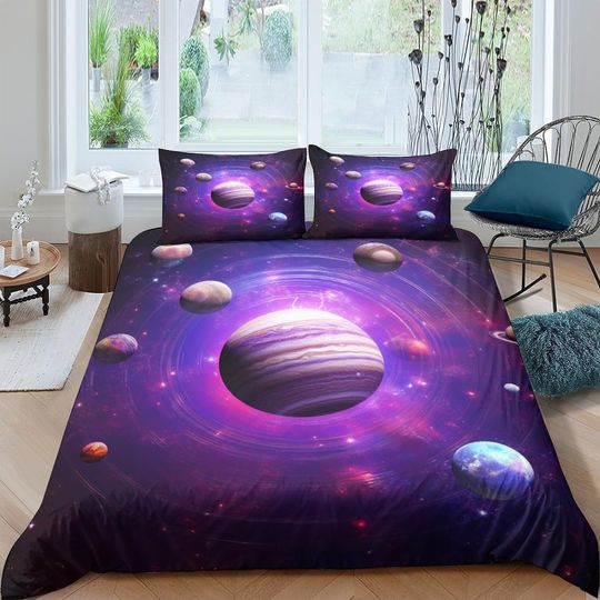 Space Planets Galaxy Purple  Printed  Bedding Set