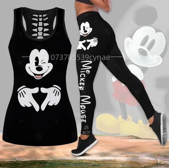 Disney Mickey Hollow 3D Shirt Women's Summer Tank Top Pants Yoga Tank Top Bottom Set