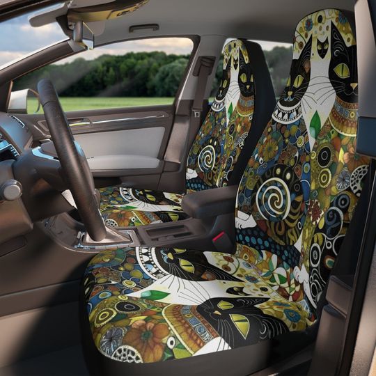 Patchwork look FAUX Cats colorful Car Seat Covers, front seat covers, retro inspired, pet owner, cat lover car seat covers