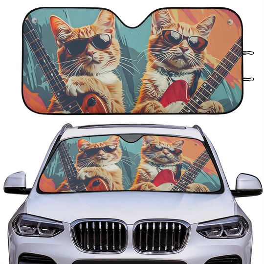 Funny Cats Guitar Player Car Sunshade, Vintage Cat Musician Windshield Car Decor, Car Decor Gift